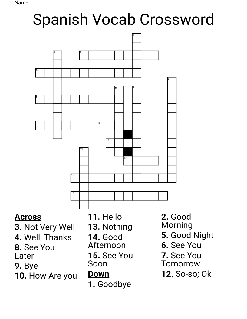 Spanish Vocab Crossword
