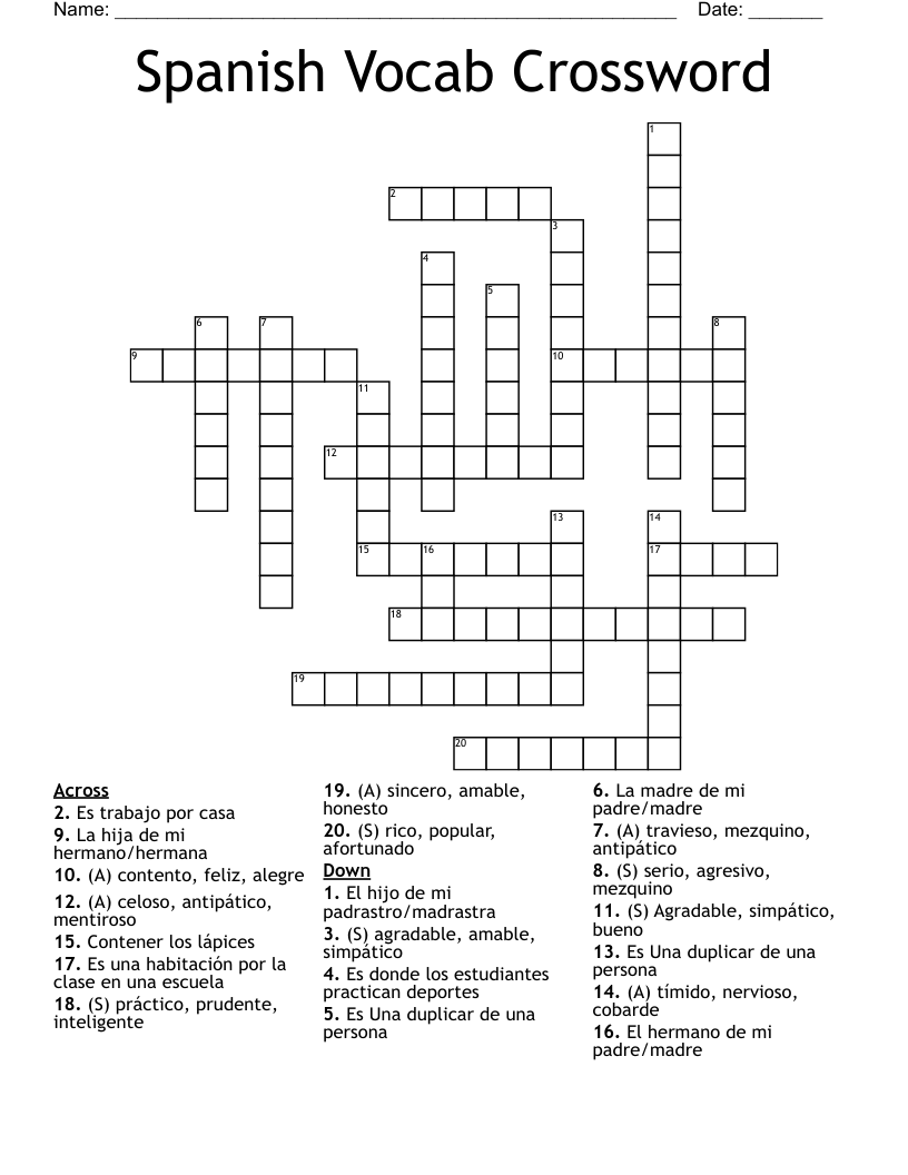 Spanish Vocab Crossword