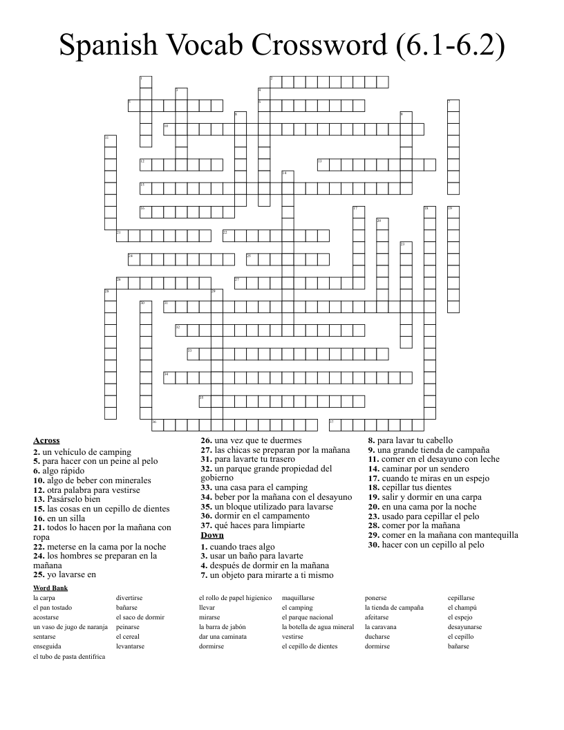 Spanish Vocab Crossword (6.1-6.2)