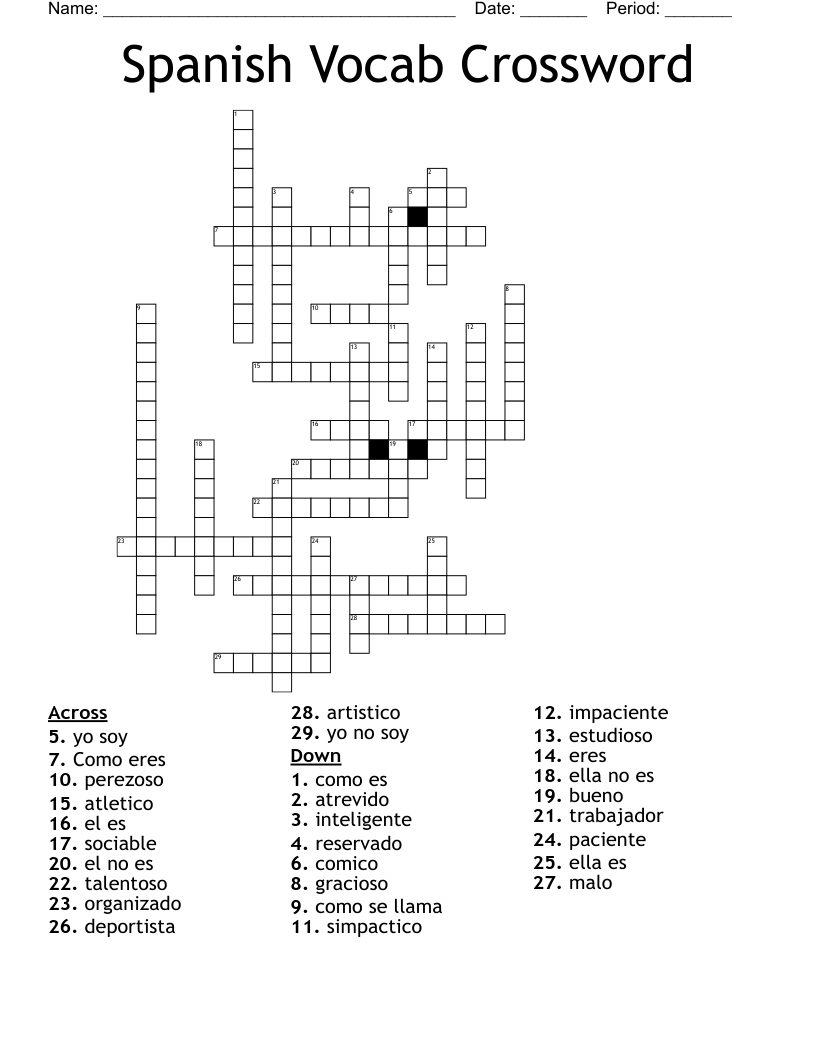 Spanish Vocab Crossword