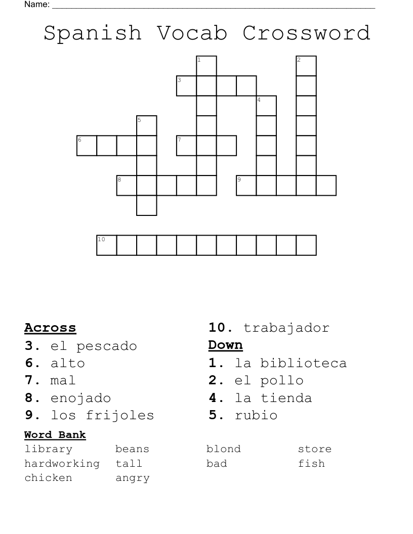 Spanish Vocab Crossword