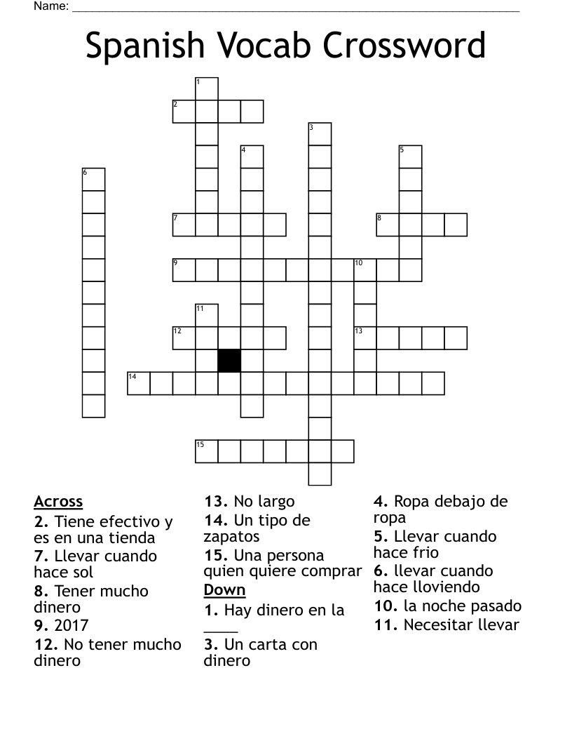 Spanish Vocab Crossword