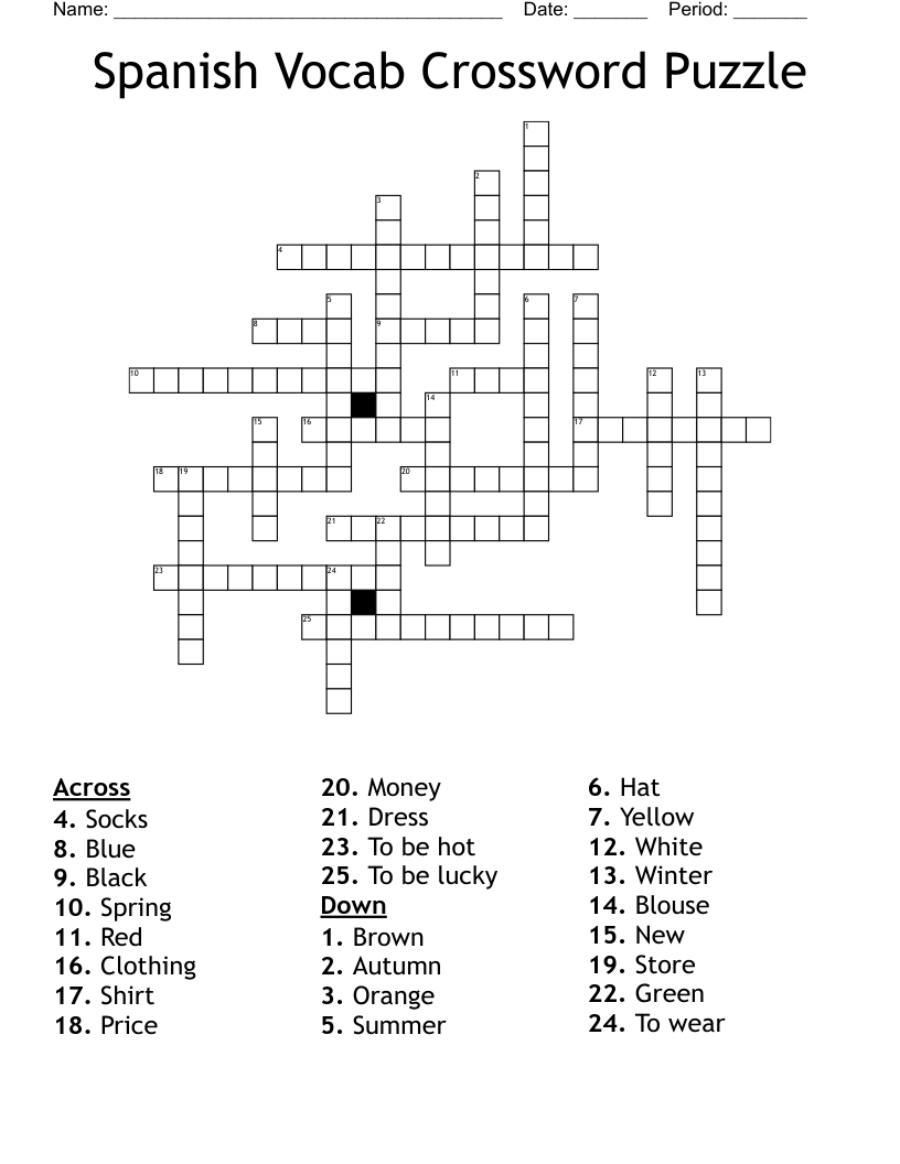 Spanish Vocab Crossword Puzzle