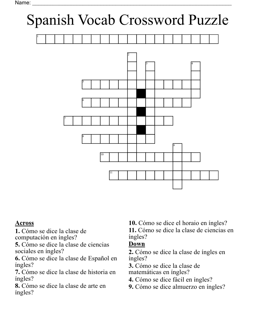 Spanish Vocab Crossword Puzzle