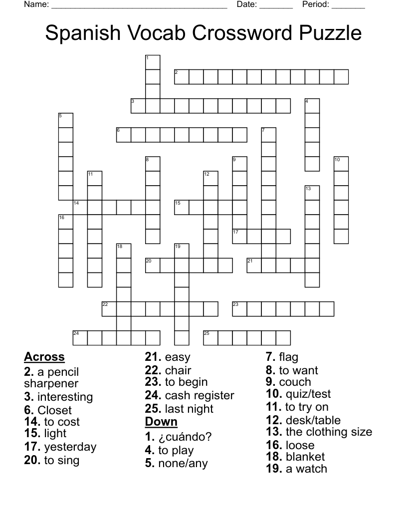 Spanish Vocab Crossword Puzzle 