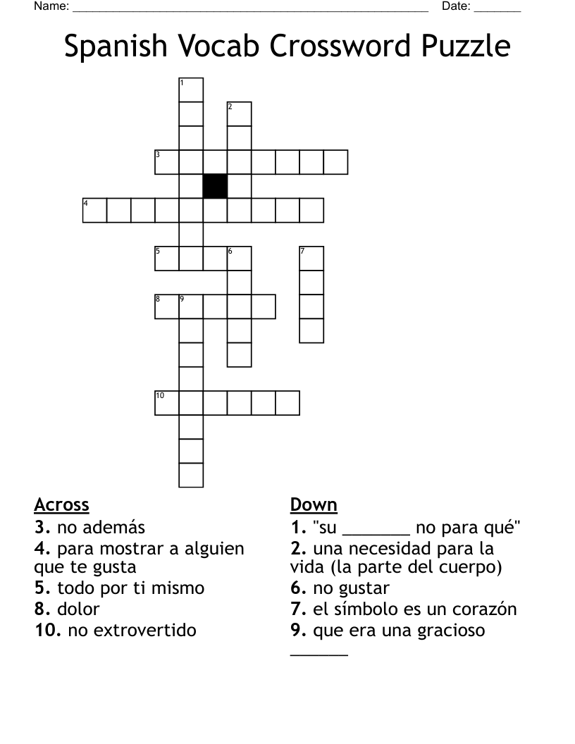 Spanish Vocab Crossword Puzzle 
