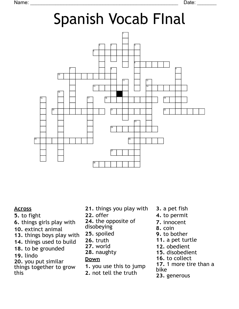 Spanish Vocab FInal Crossword