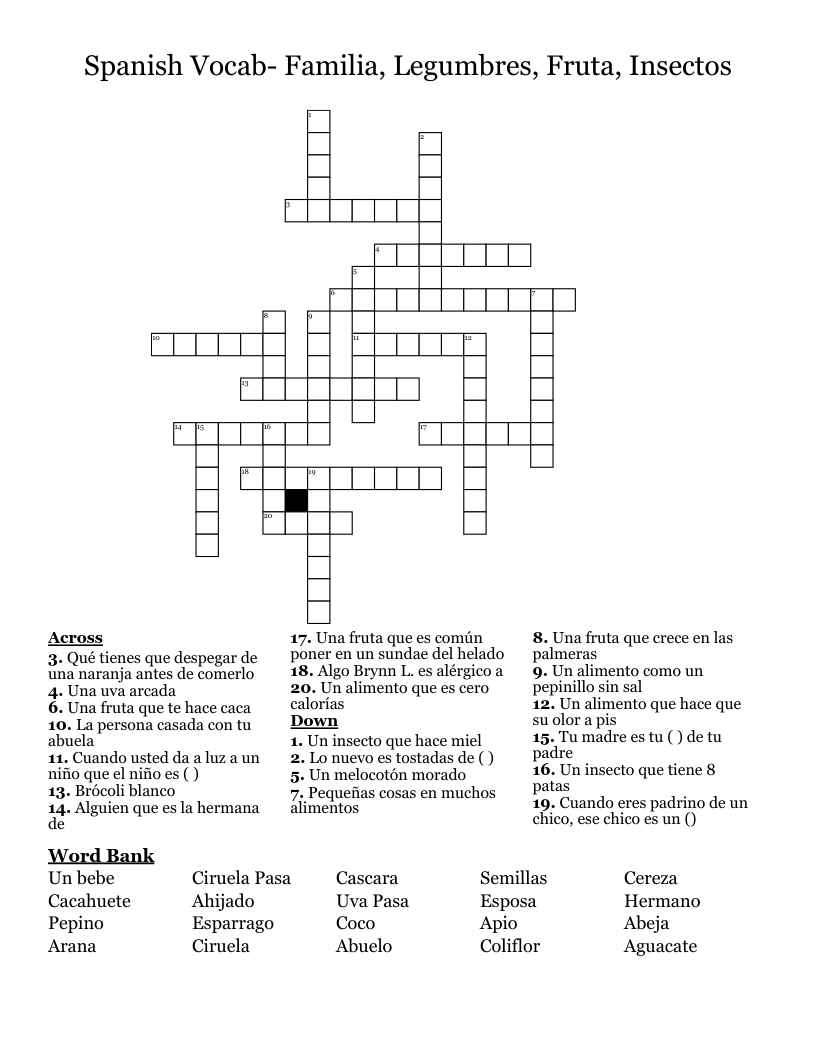 Spanish Vocab- Familia, Legumbres, Fruta, Insectos Crossword
