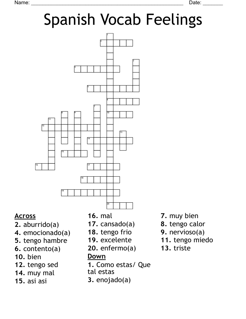 Spanish Vocab Feelings  Crossword