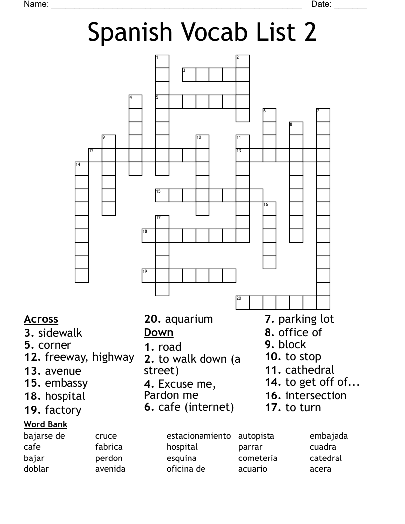 Spanish Vocab List 2 Crossword