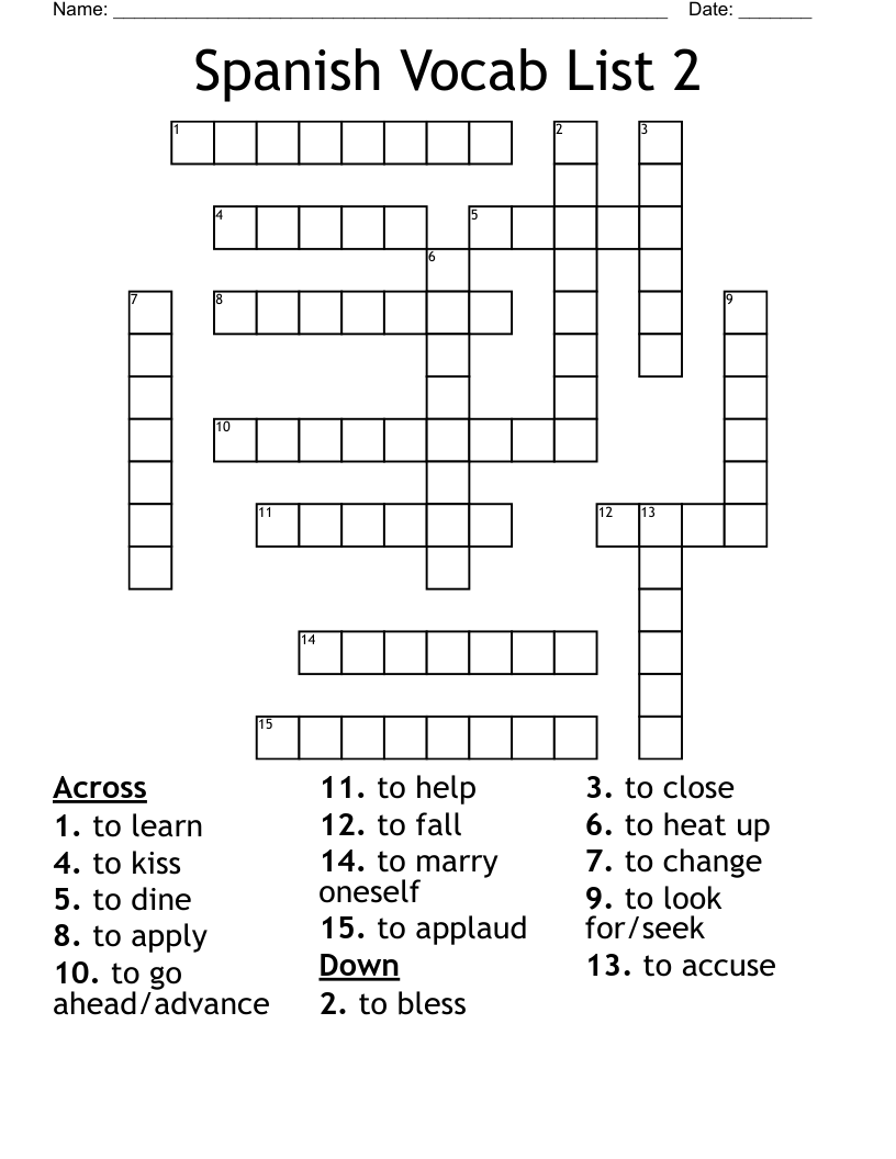 Spanish Vocab List 2 Crossword