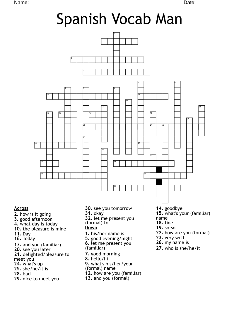 Spanish Vocab Man Crossword