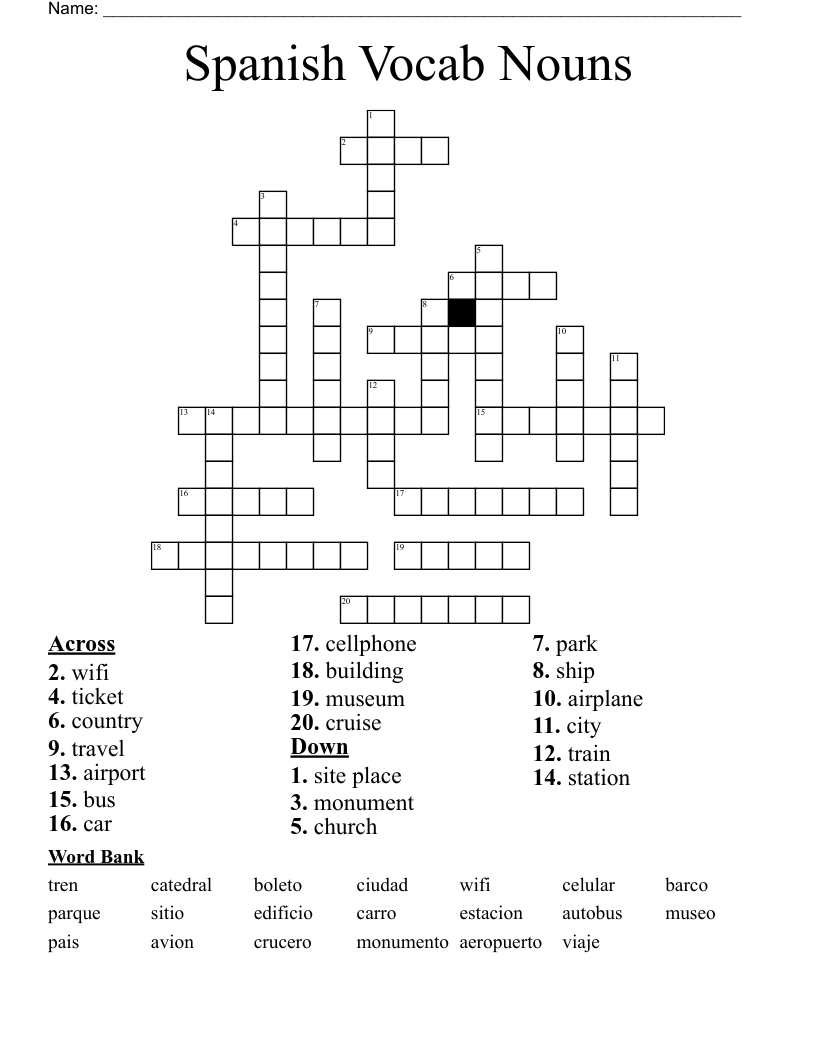 Spanish Vocab Nouns  Crossword