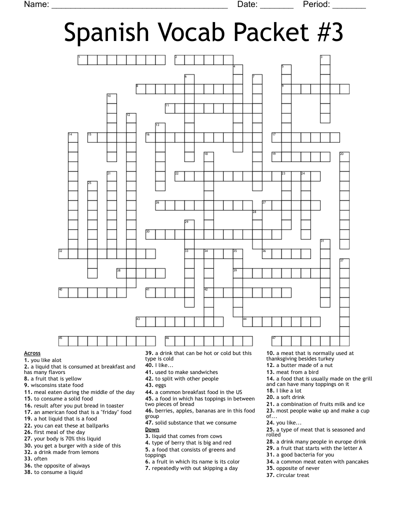 Spanish Vocab Packet #3 Crossword