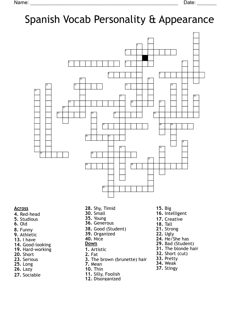 Spanish Vocab Personality & Appearance Crossword