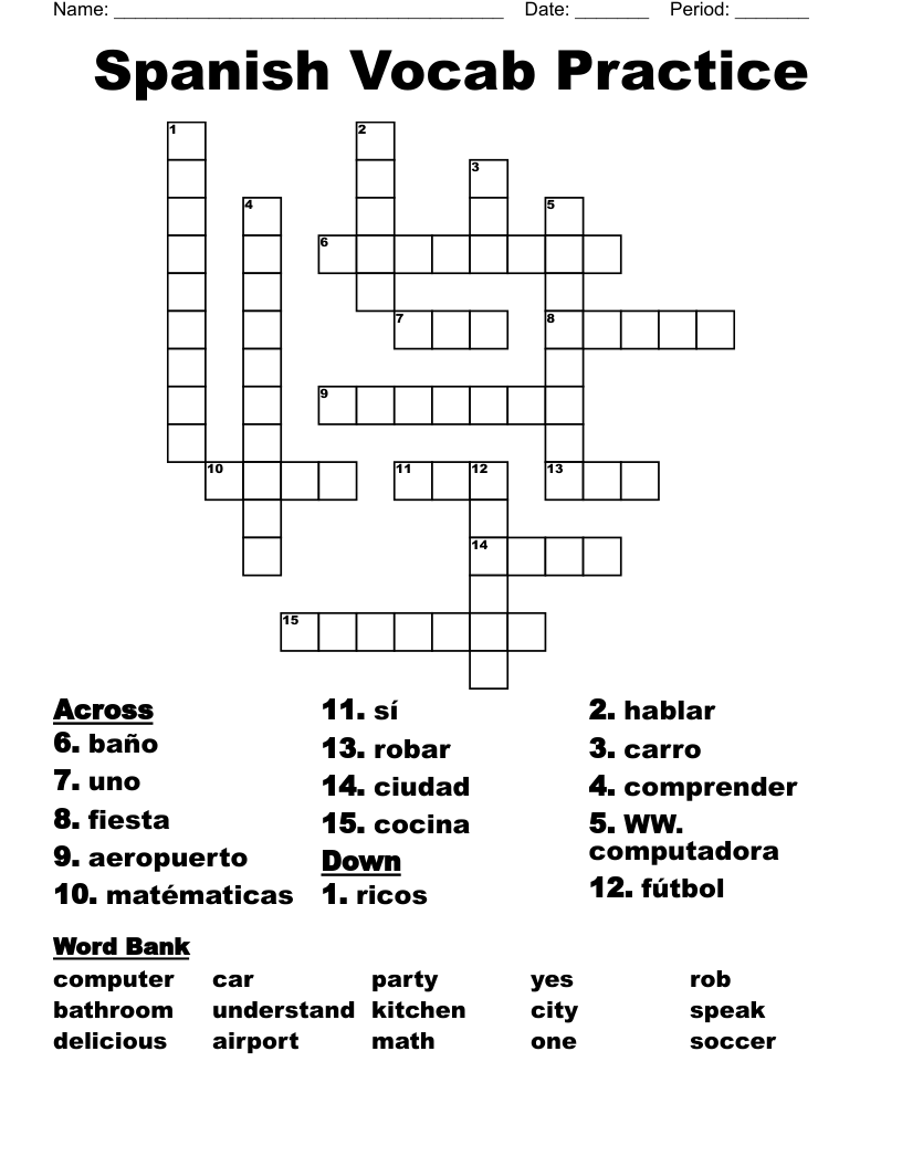 Spanish Vocab Practice Crossword