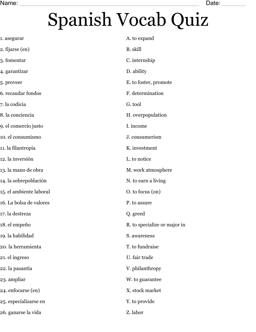 Spanish Vocab Quiz Worksheet