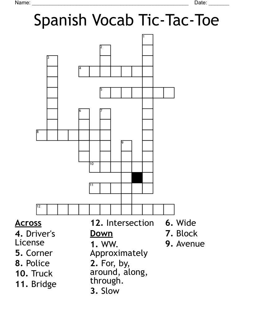 Spanish Vocab Tic-Tac-Toe Crossword