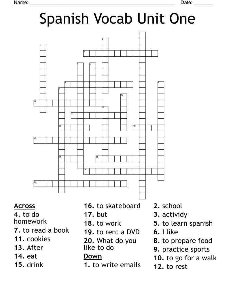 Spanish Vocab Unit One Crossword