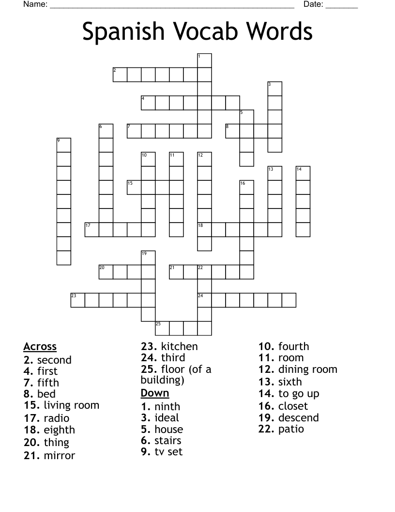 Spanish Vocab Words Crossword
