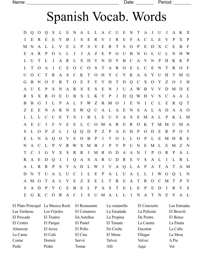 Spanish Vocab. Words Word Search
