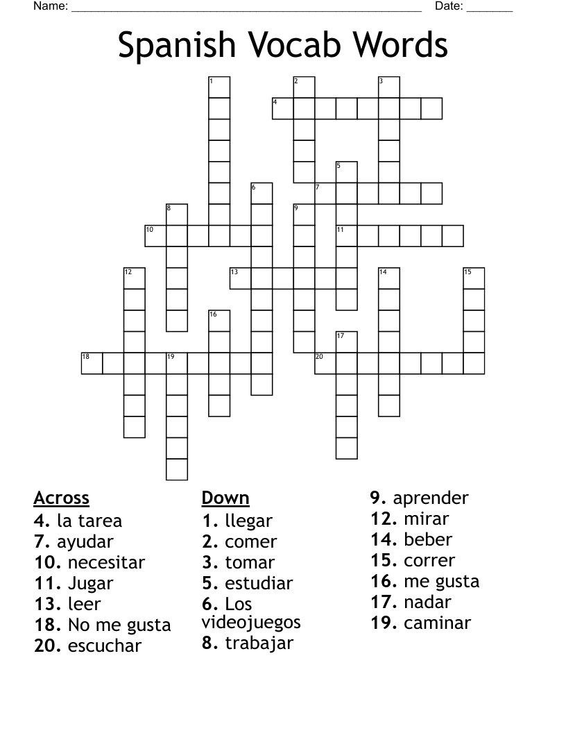 Spanish Vocab Words Crossword