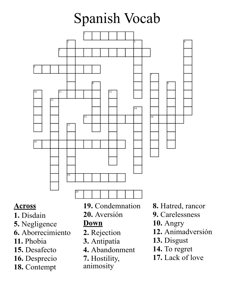 Spanish Vocab  Crossword