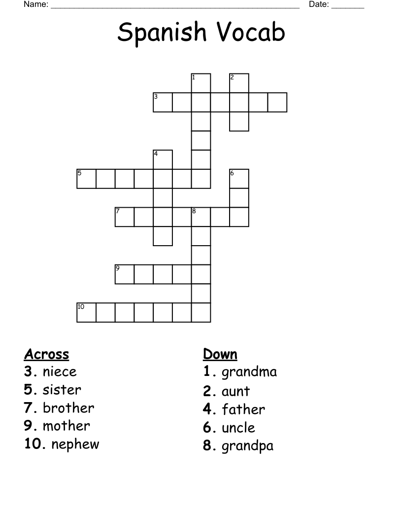Spanish Vocab  Crossword