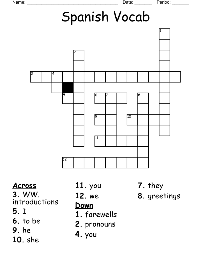 Spanish Vocab  Crossword