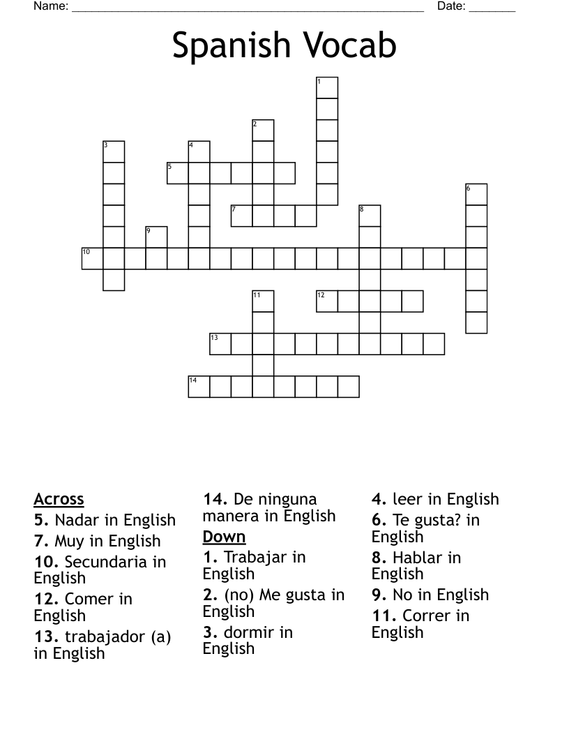 Spanish Vocab  Crossword