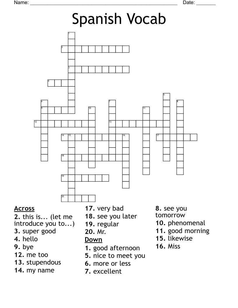 Spanish Vocab  Crossword
