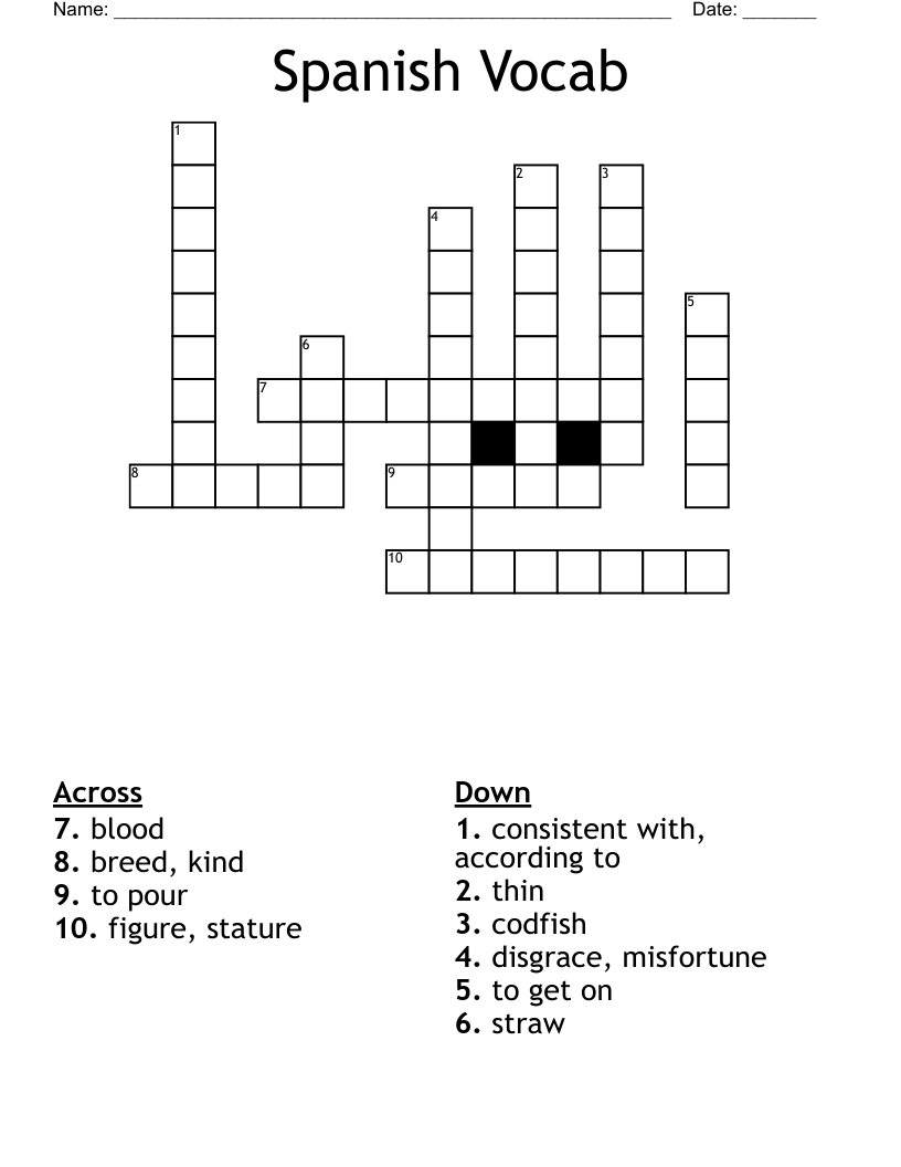 Spanish Vocab  Crossword