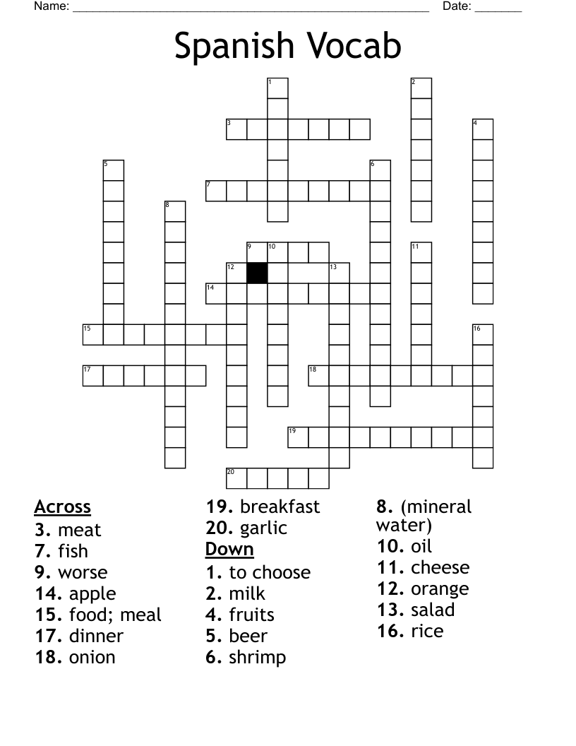 Spanish Vocab  Crossword