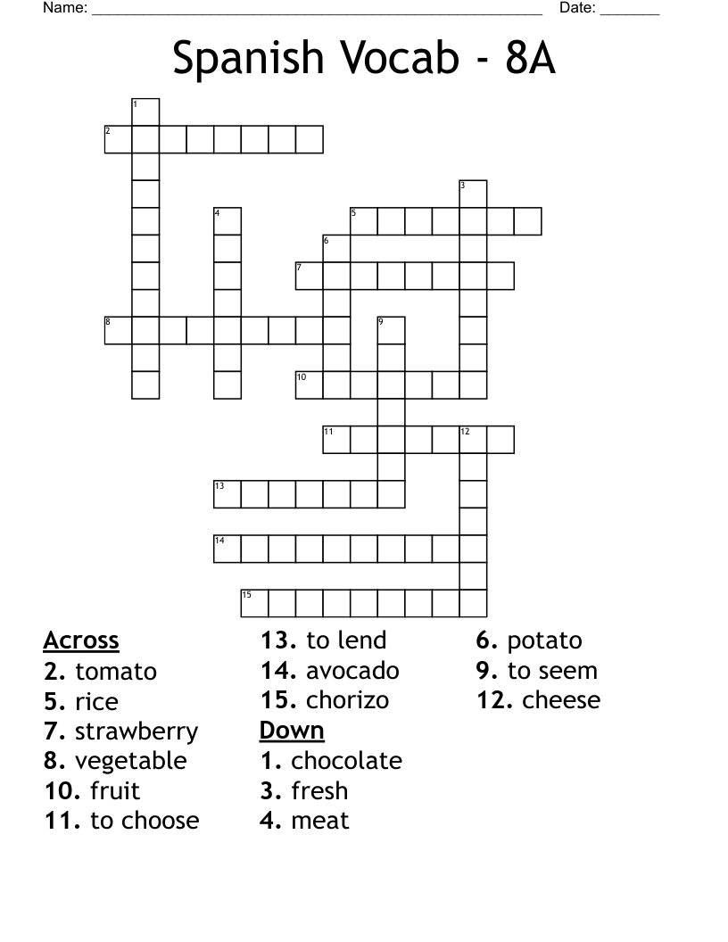 Spanish Vocab - 8A  Crossword
