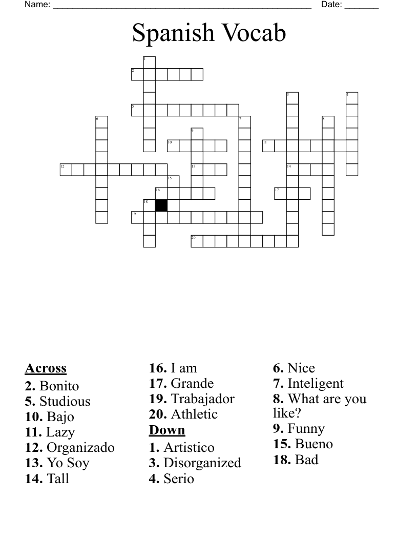 Spanish Vocab  Crossword