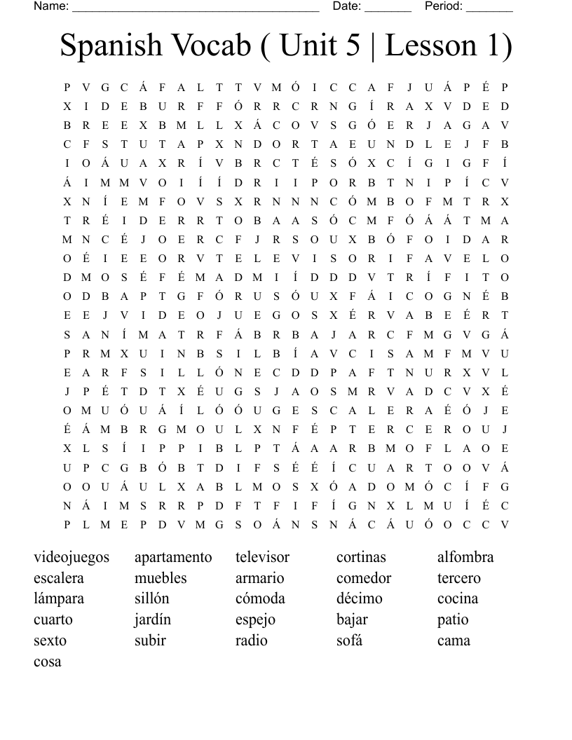 Spanish Vocab ( Unit 5 | Lesson 1) Word Search