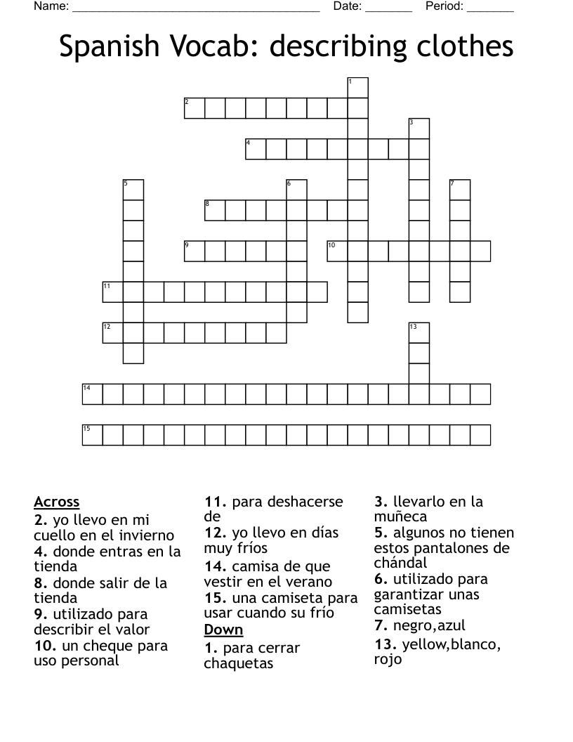 Spanish Vocab: describing clothes Crossword