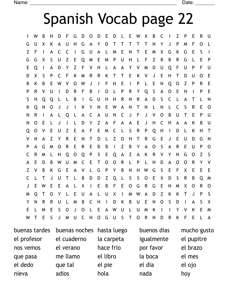Spanish Vocab page 22 Word Search