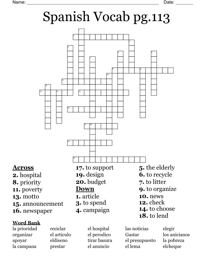 Spanish Vocab pg.113 Crossword