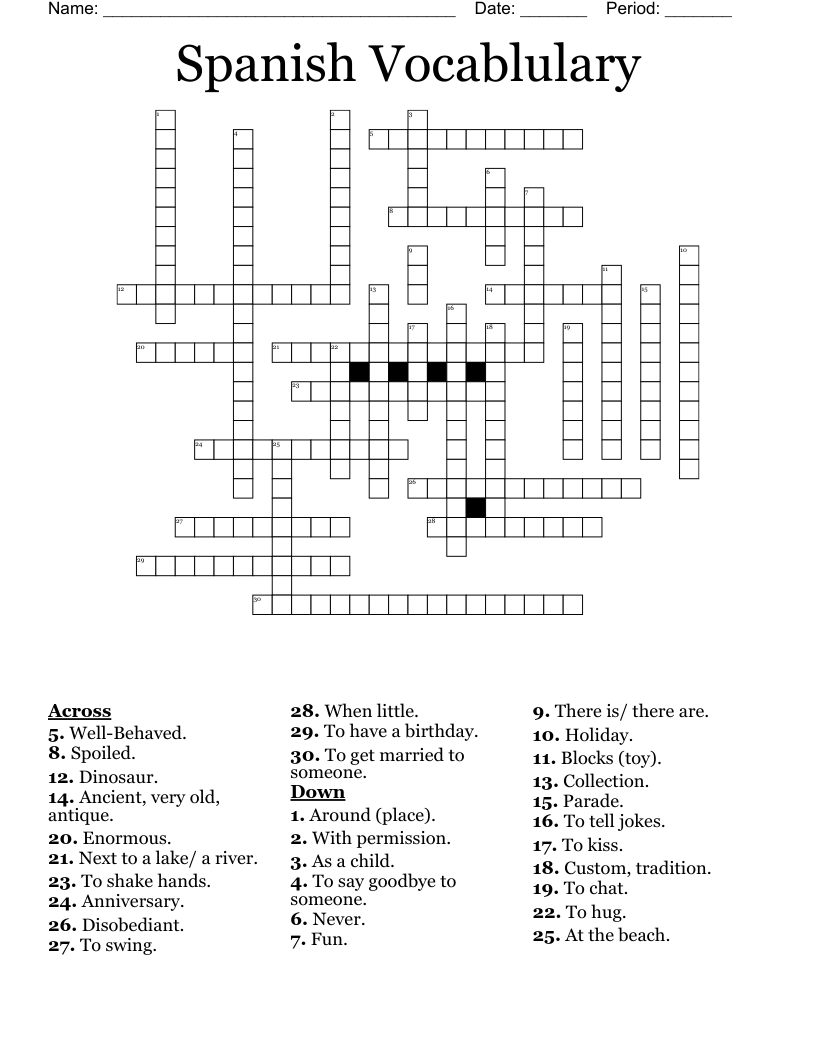 Spanish Vocablulary Crossword
