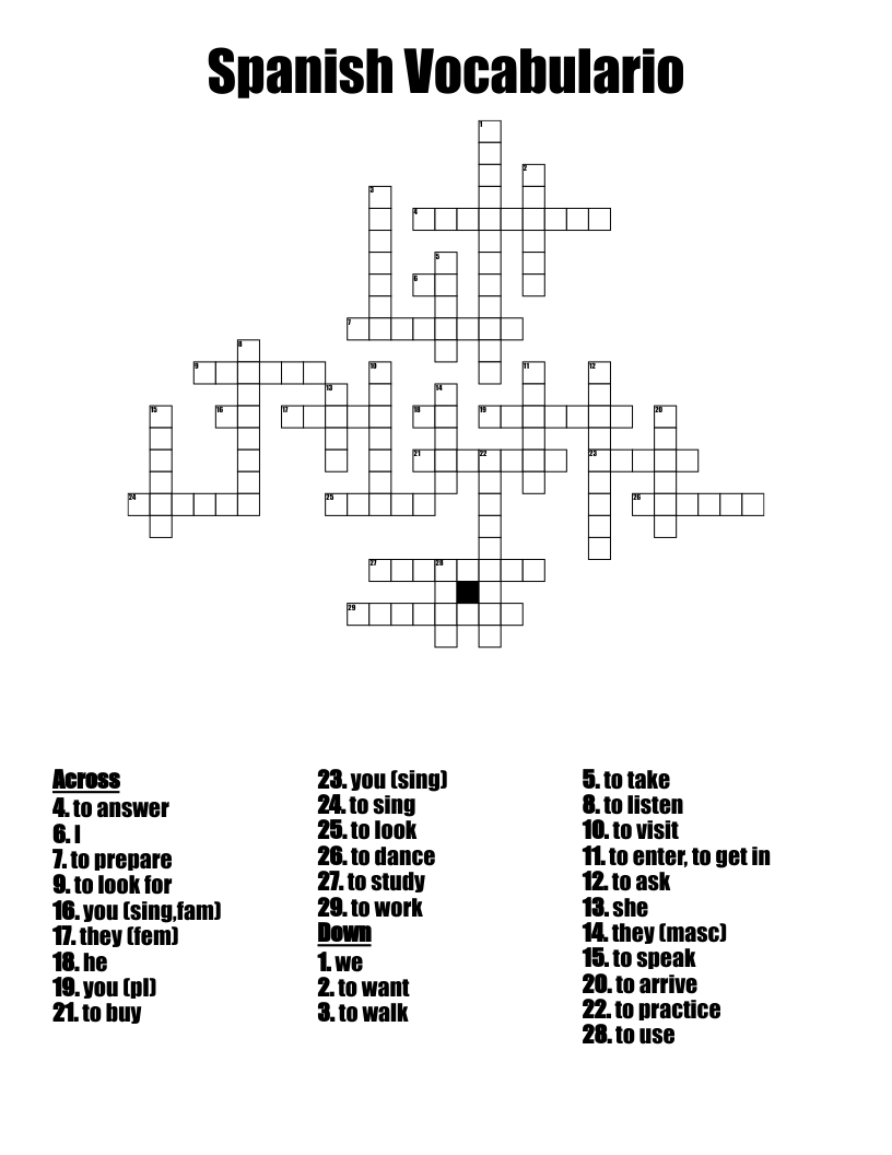 Spanish Vocabulario Crossword