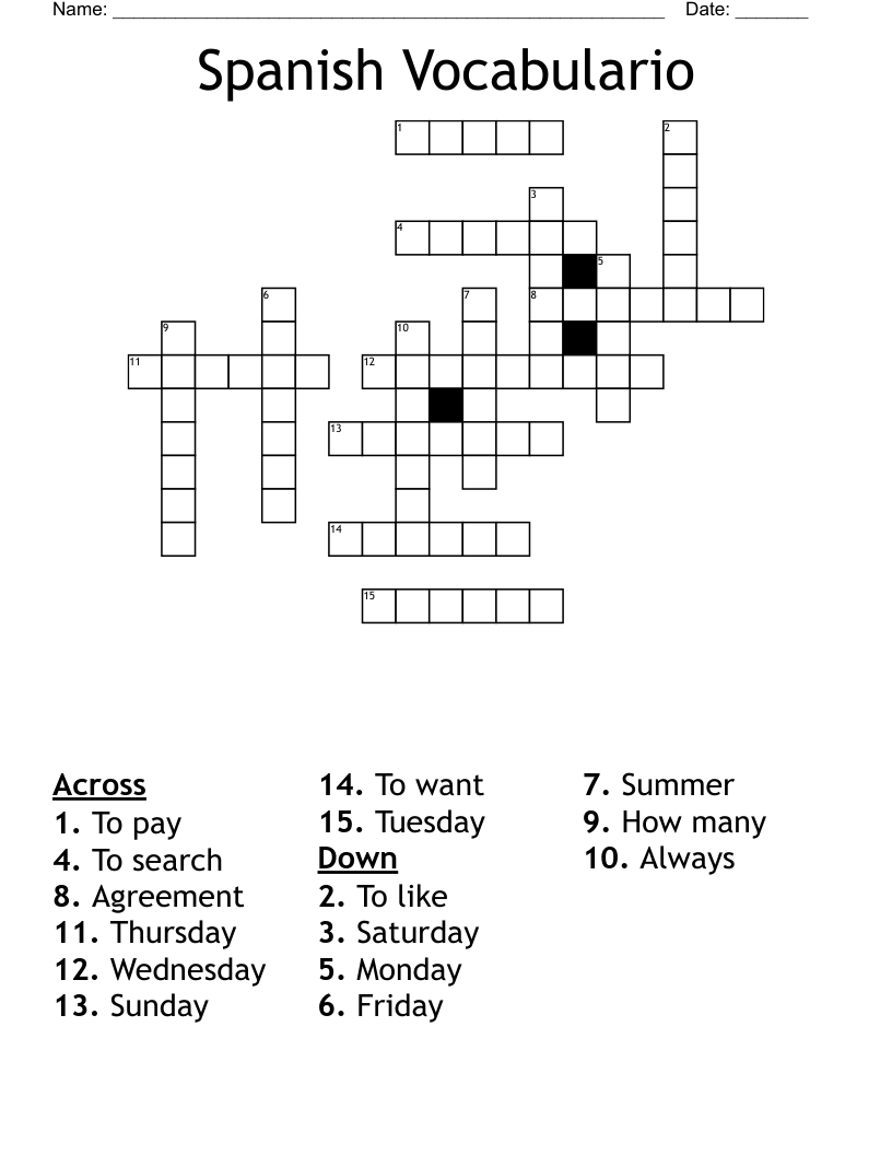Spanish Vocabulario Crossword