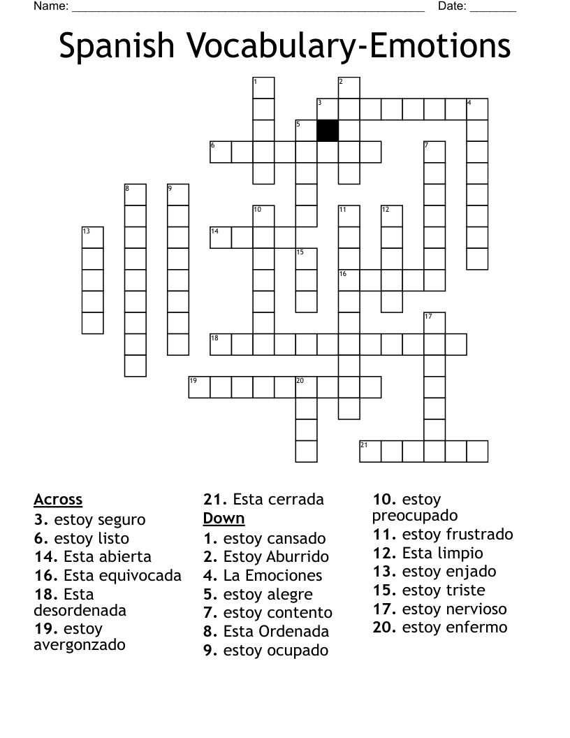 Spanish Vocabulary-Emotions Crossword