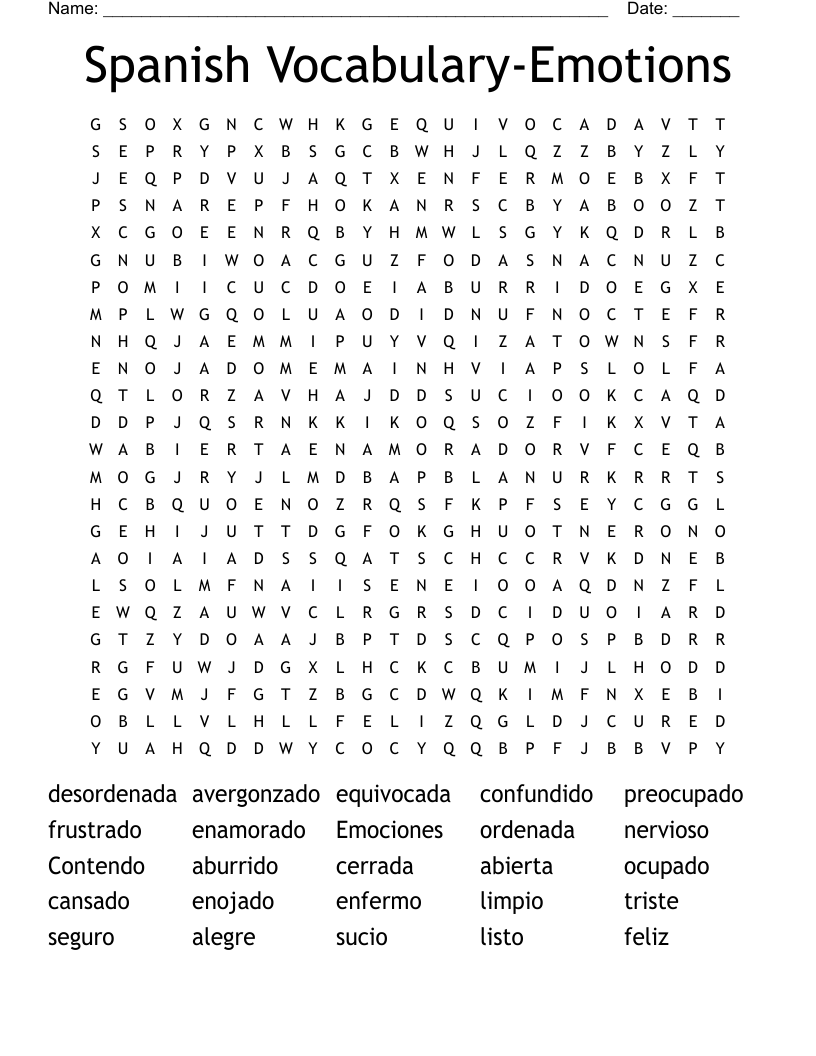 Spanish Vocabulary-Emotions Word Search