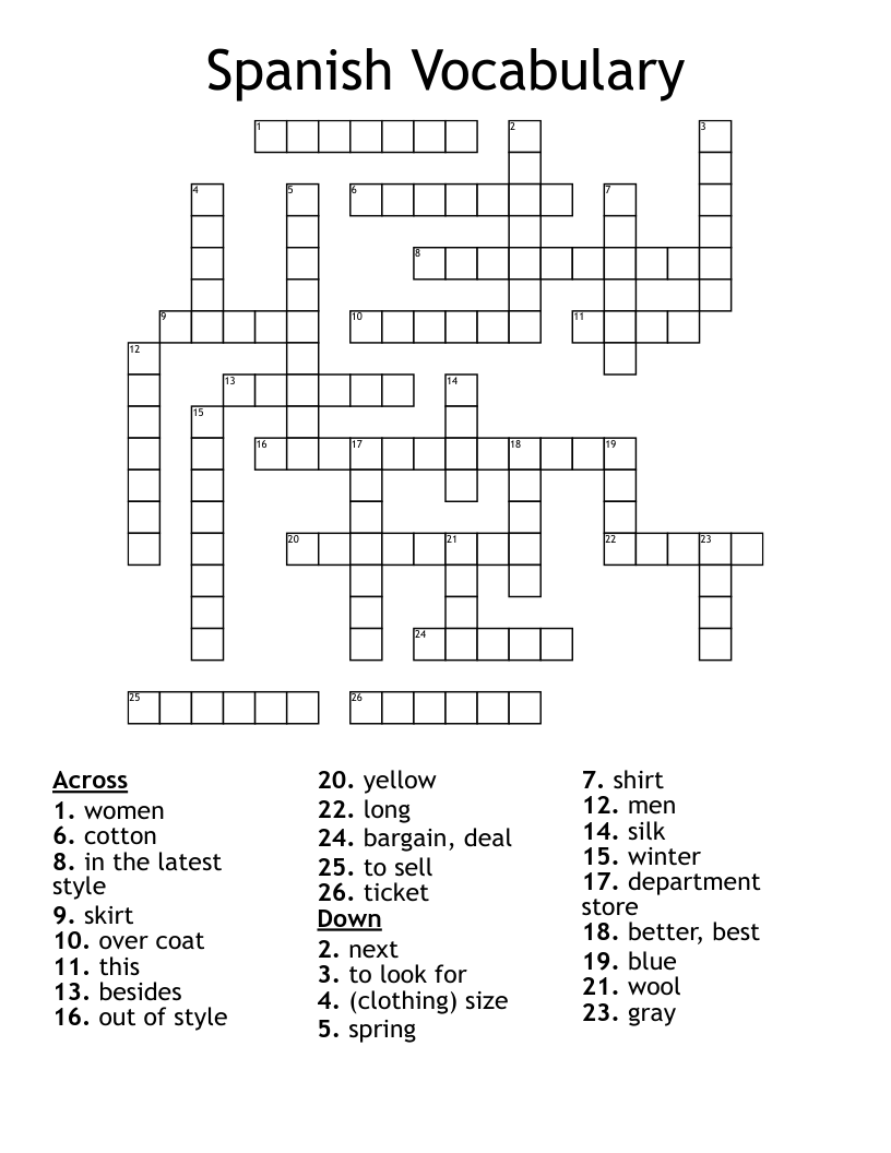 Spanish Vocabulary Crossword