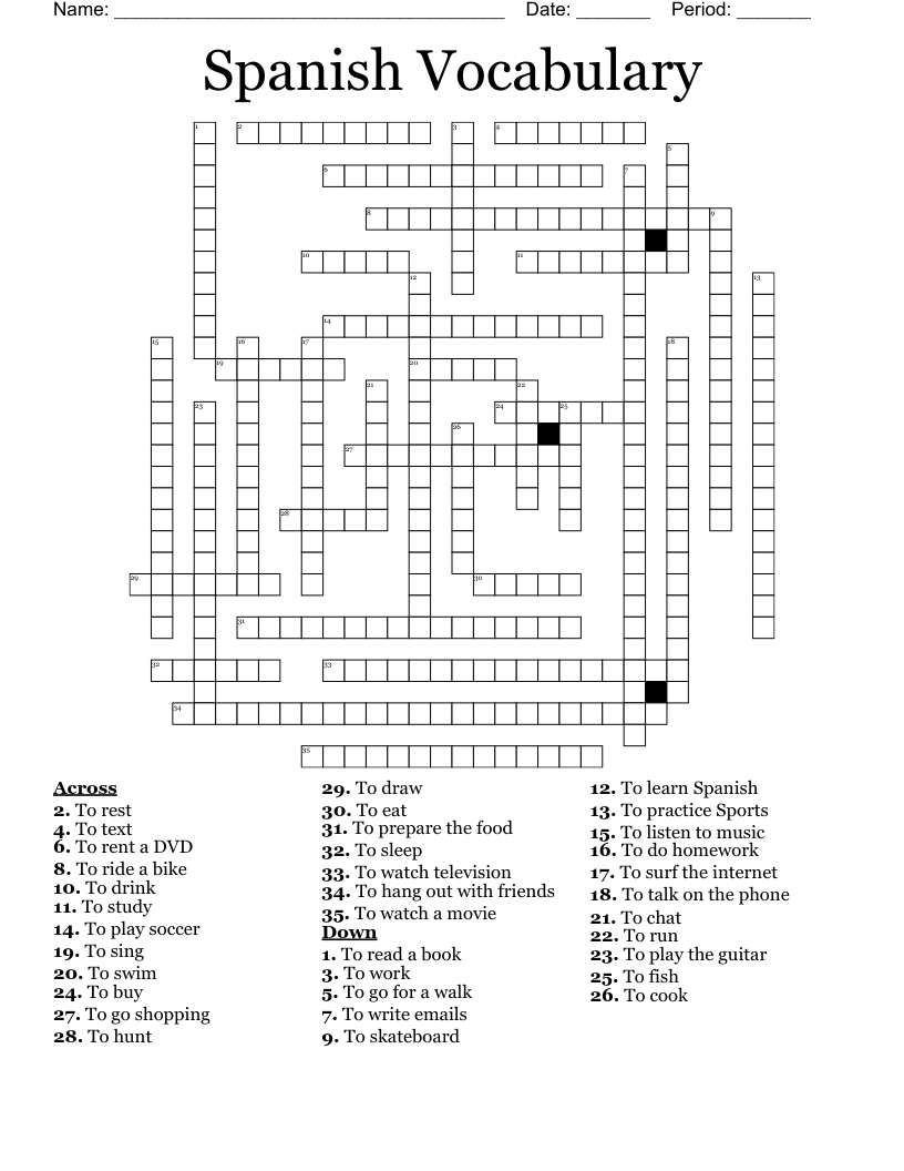 Spanish Vocabulary Crossword