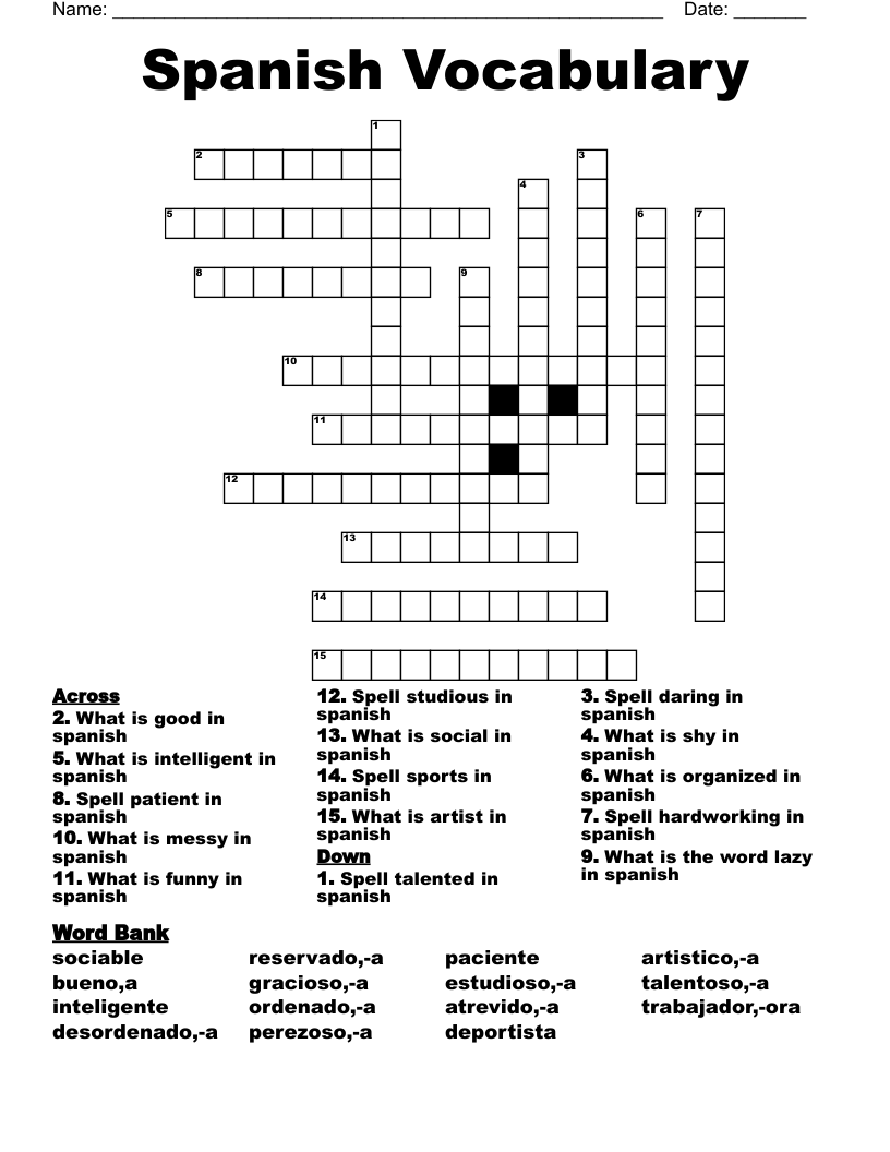 Spanish Vocabulary Crossword