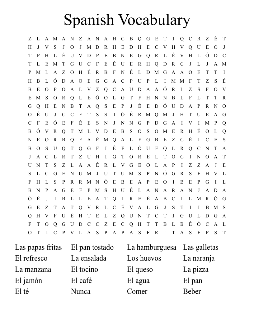 Spanish Vocabulary Word Search