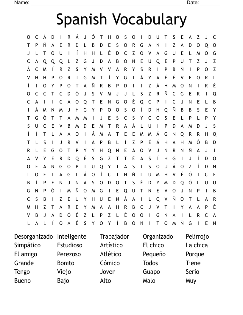 Spanish Vocabulary Word Search