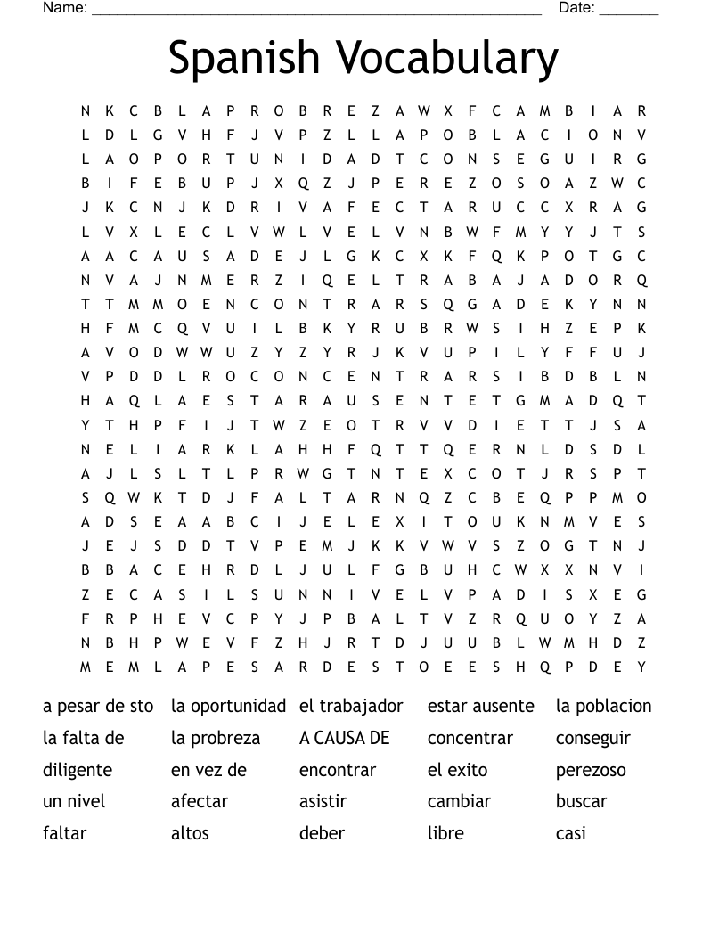Spanish Vocabulary Word Search